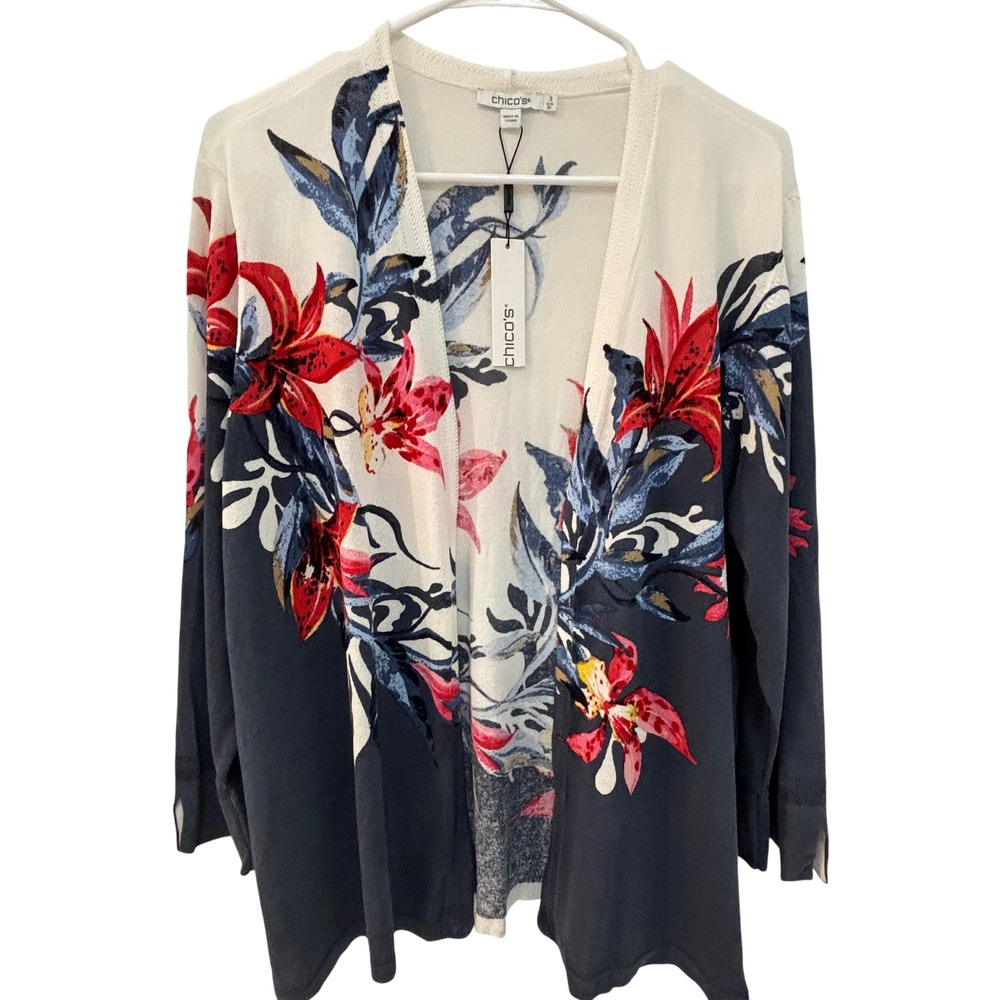 Chicos Lily Swirl Floral Cardigan Sweater Soft Slate Gray Red Blue XL NWT 3